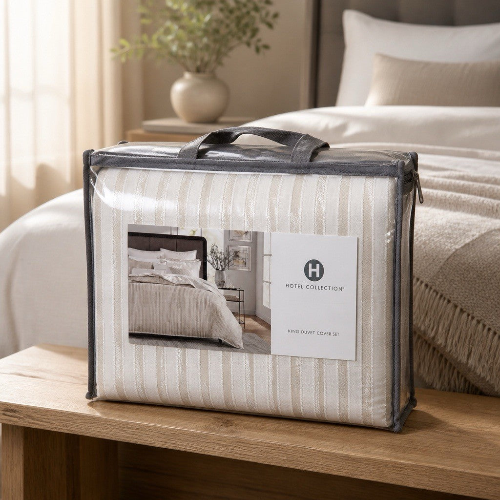 Hotel Collection Metallic Strie KING Duvet Cover & 2 King Shams Ivory / Gold
