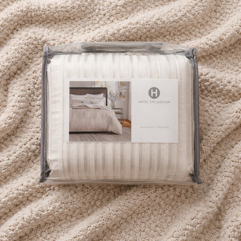 Hotel Collection Metallic Strie KING Duvet Cover & 2 King Shams Ivory / Gold