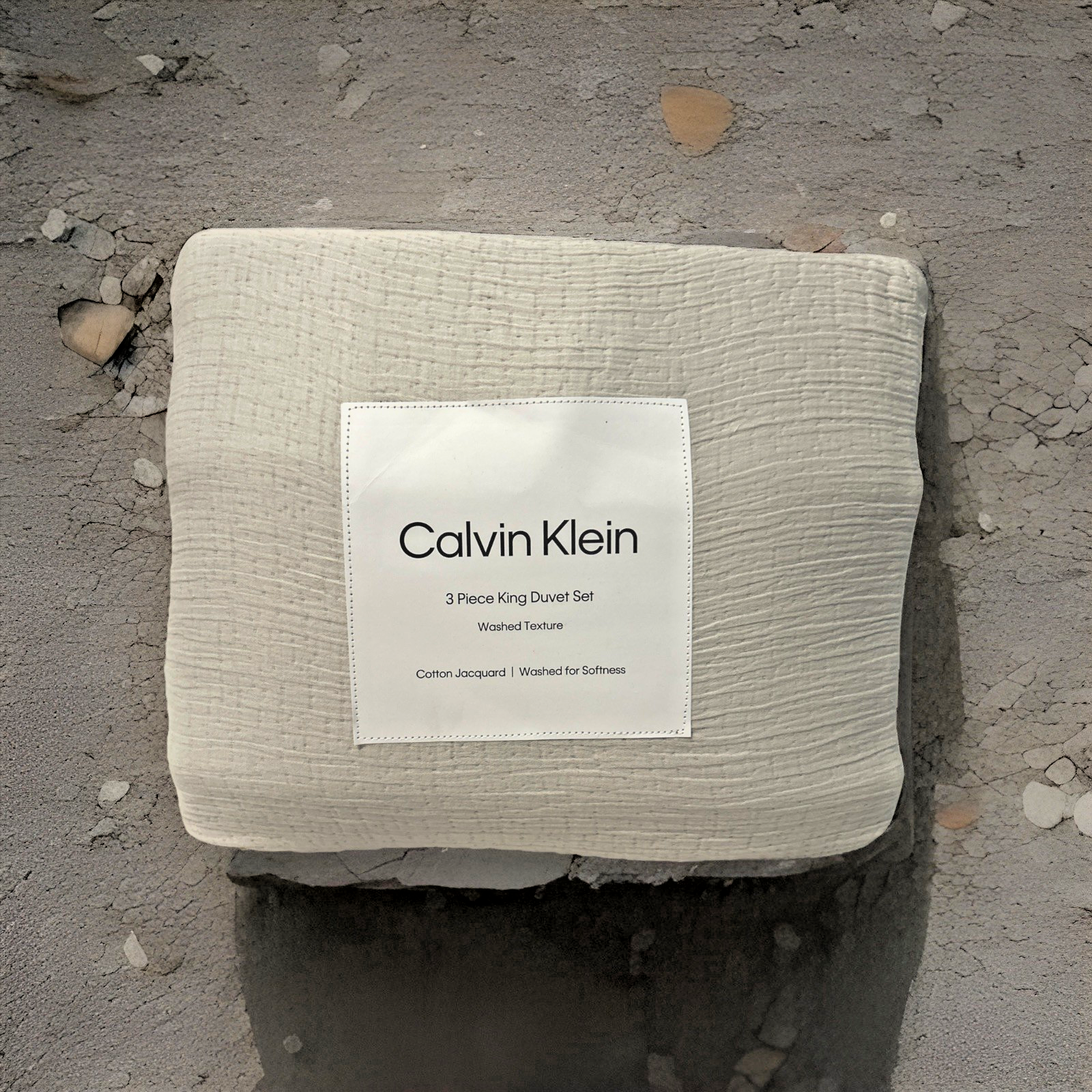Calvin Klein Washed Texture King Duvet Cover & Shams Set Light Grey New