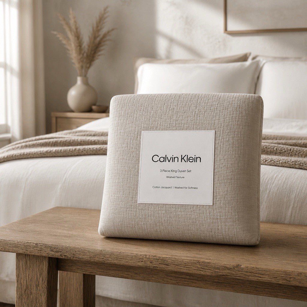 Calvin Klein Washed Texture King Duvet Cover & Shams Set Light Grey New