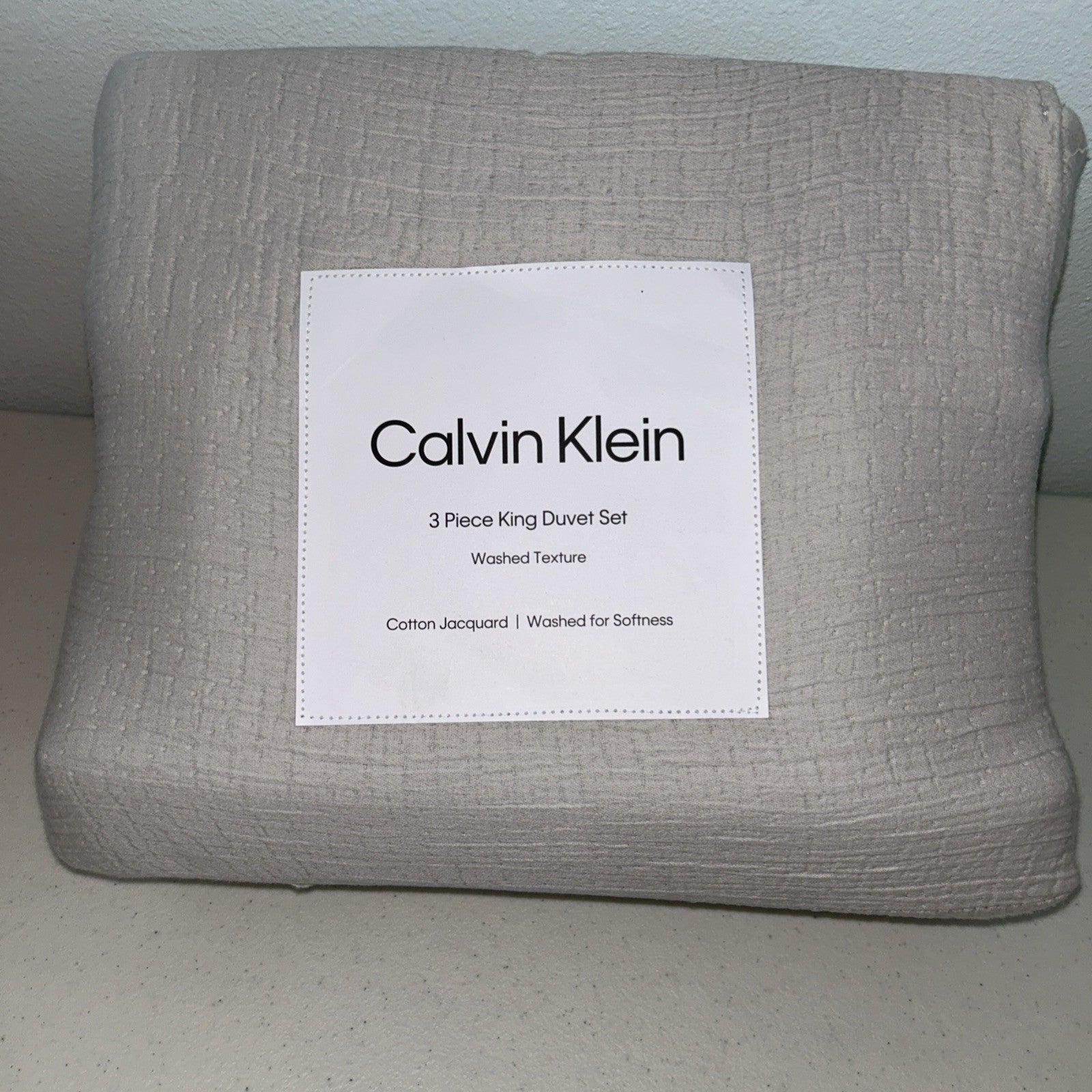 Calvin Klein Washed Texture King Duvet Cover & Shams Set Light Grey New