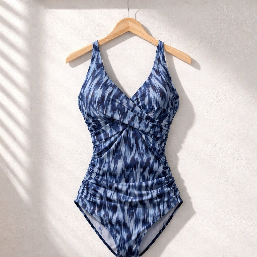 Anne Cole Tie Dye Ikat One-Piece Blue Swimsuit Underwire Drape Front 10