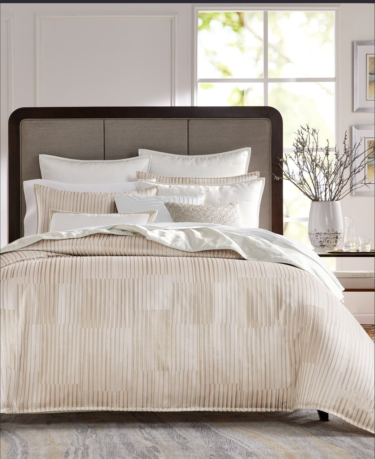 Hotel Collection Metallic Strie KING Duvet Cover & 2 King Shams Ivory / Gold