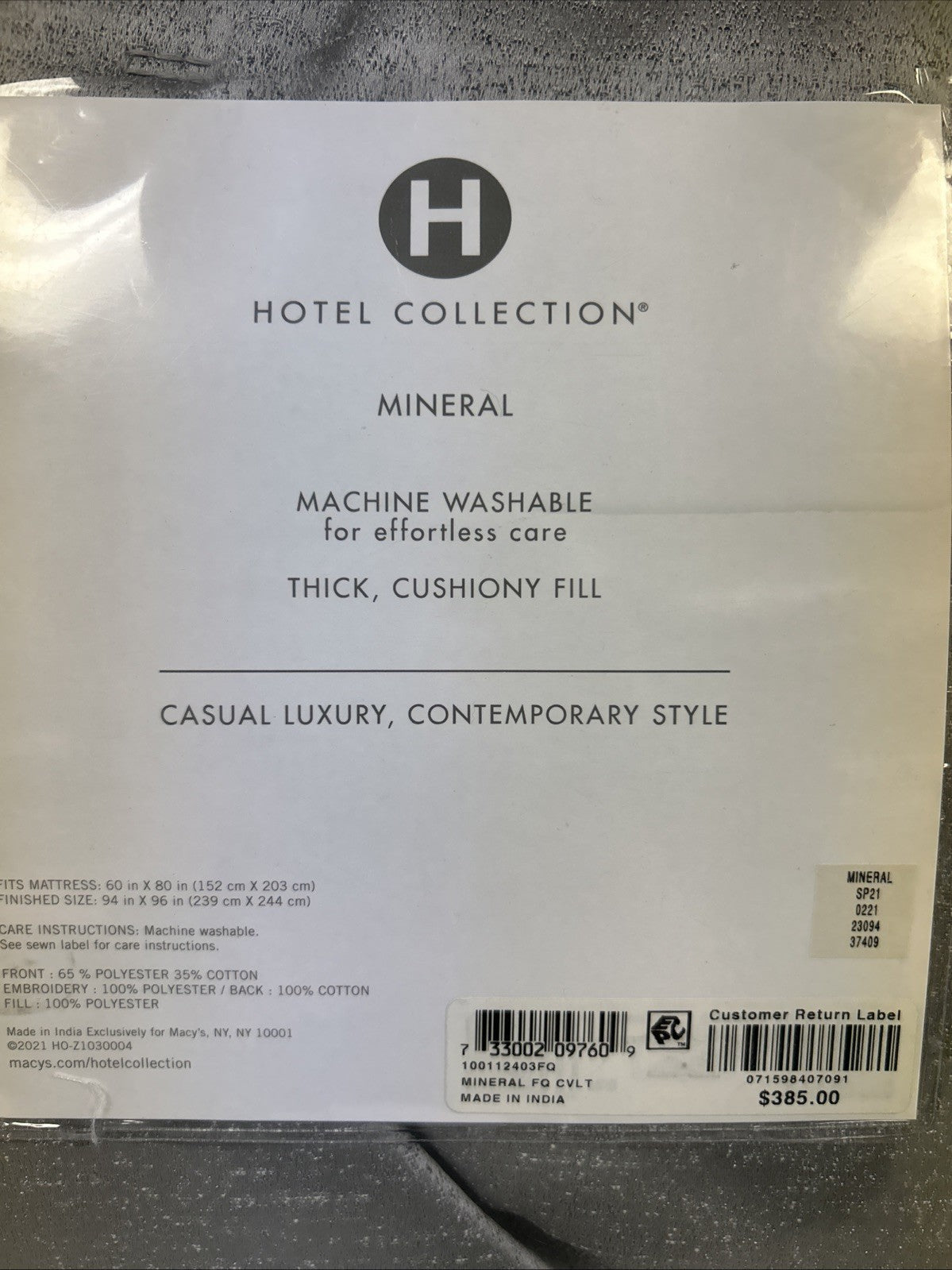 Hotel Collection Coverlet Mineral F/Q, Quilted Silver